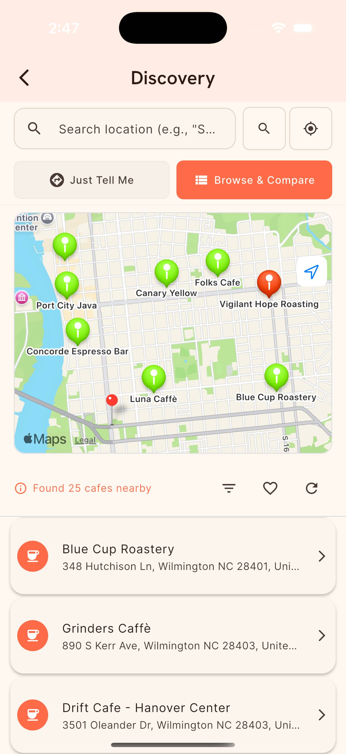 Map view showing cafe locations