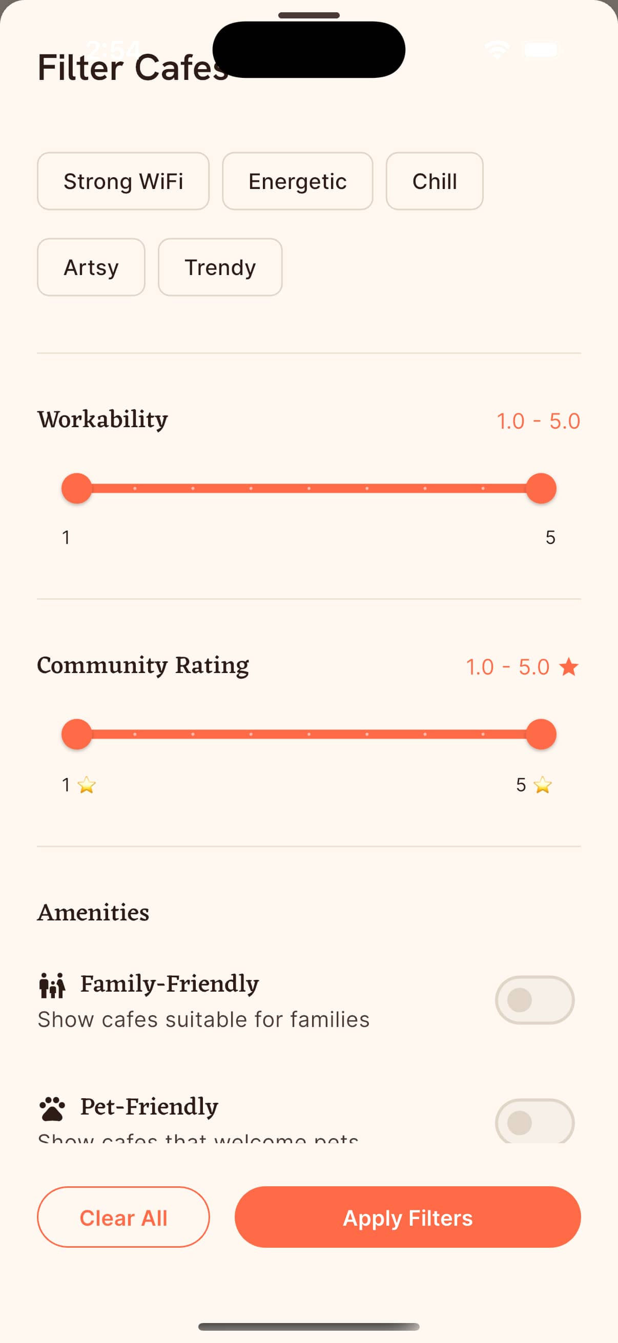 Vibe filter selection screen